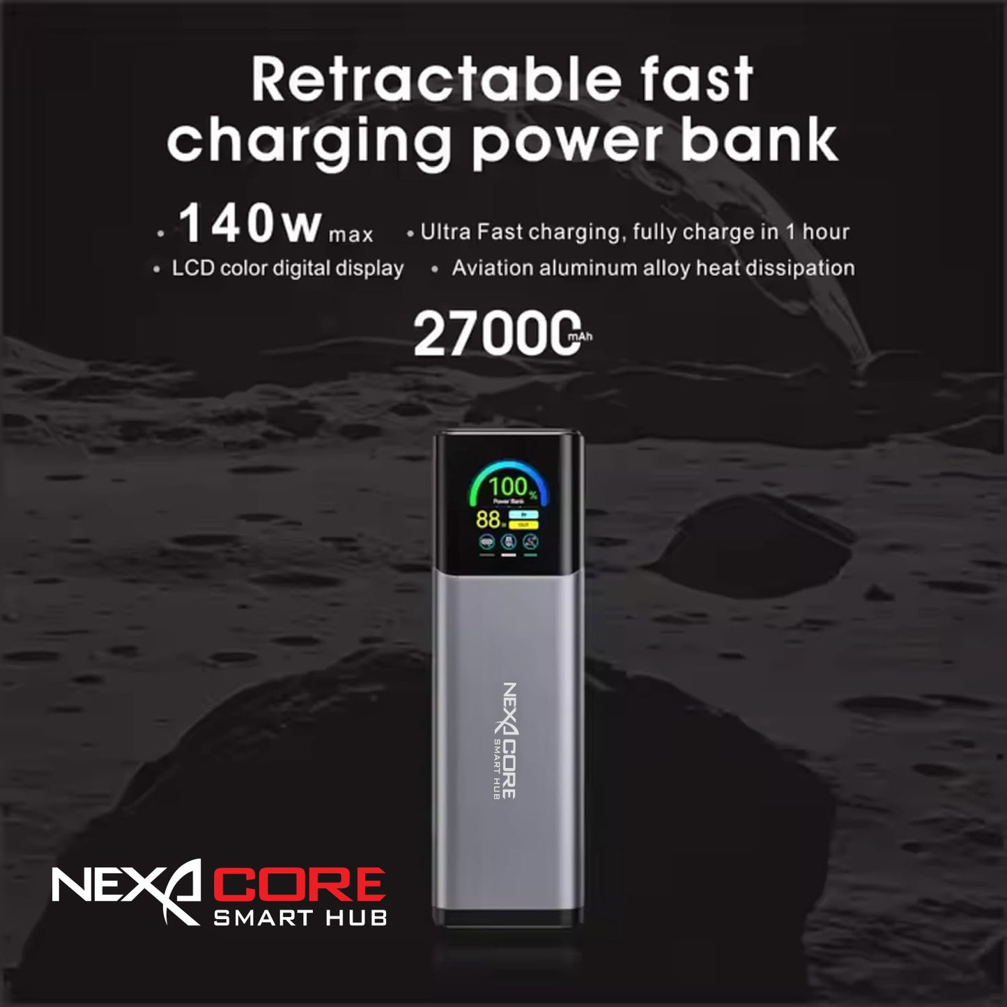 NEXA CORE Power Bank 27000mAh PD 140W Output Portable Charger for Laptops and Mobile Phones With Retractable Data Cables