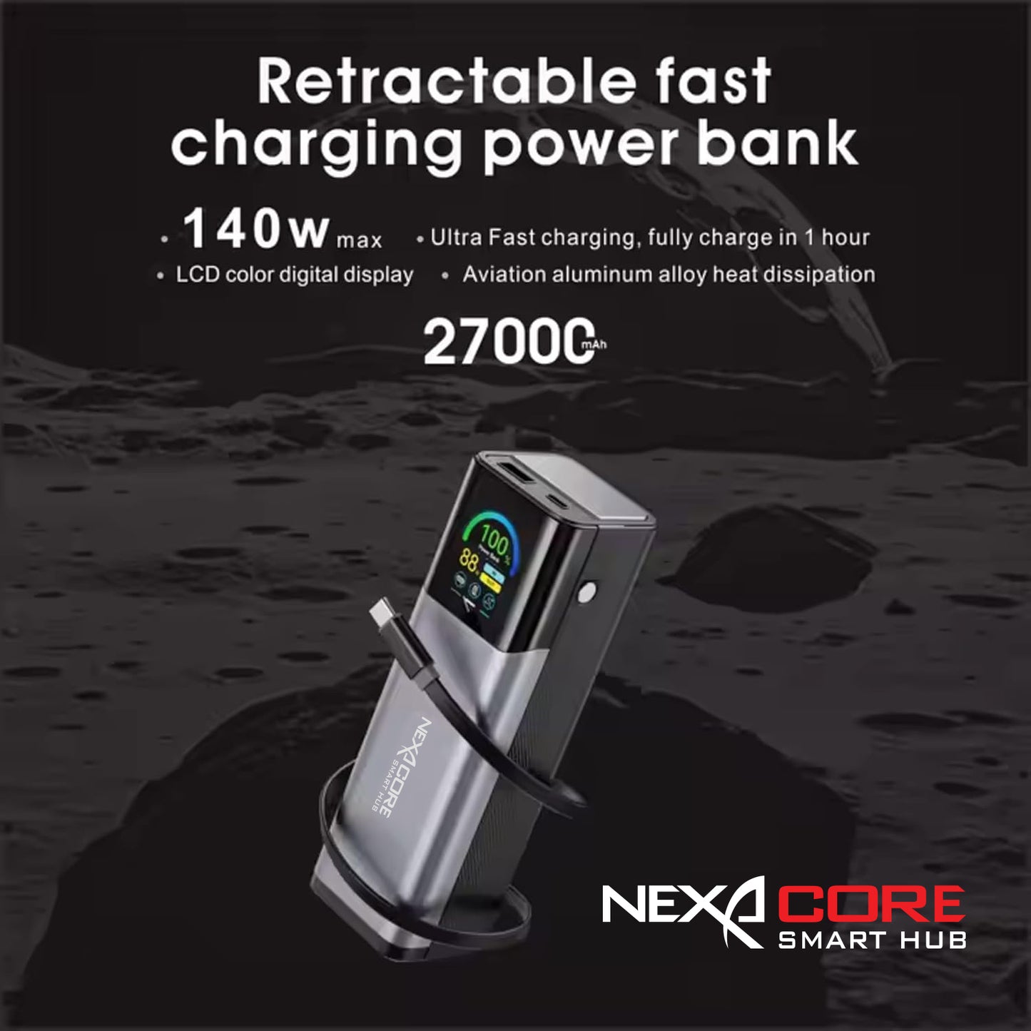 NEXA CORE Power Bank 27000mAh PD 140W Output Portable Charger for Laptops and Mobile Phones With Retractable Data Cables