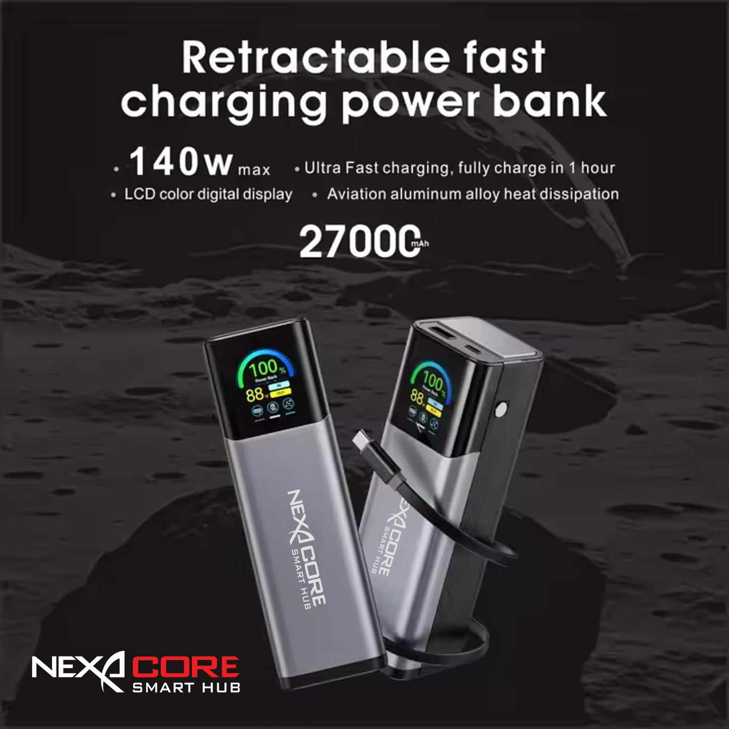 NEXA CORE Power Bank 27000mAh PD 140W Output Portable Charger for Laptops and Mobile Phones With Retractable Data Cables