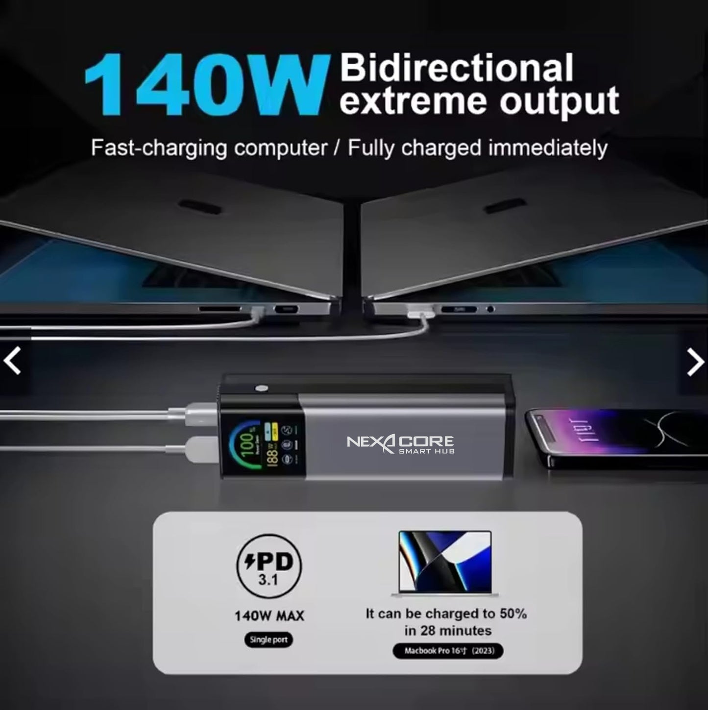 NEXA CORE Power Bank 27000mAh PD 140W Output Portable Charger for Laptops and Mobile Phones With Retractable Data Cables